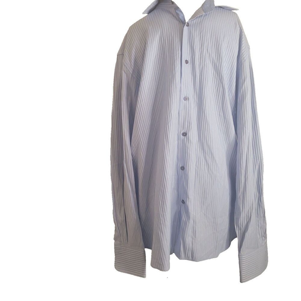 Domani 16.5 34-35 dress shirt blue striped button front collar texture hole flaw